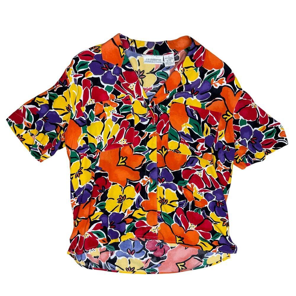 Vintage 90s Liz Claiborne Colorful Floral Short Sleeve Button Down Blouse Size 4